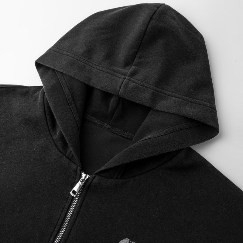 European and American High Street Dark Style Embroidered Hooded Zipper Sweatshirt for Men Spring and Autumn Trendy Brand Street Retro Loose Jacket ins