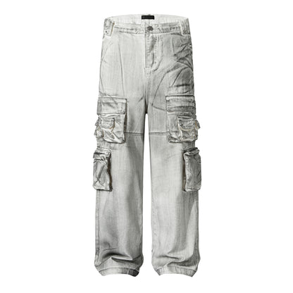 American Style Multi-Pocket Jeans for Men, Niche Retro Blue Wide-Leg Cargo Pants, Couple's European and American Trendy Pants, Cross-Border Trade