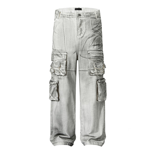 American Style Multi-Pocket Jeans for Men, Niche Retro Blue Wide-Leg Cargo Pants, Couple's European and American Trendy Pants, Cross-Border Trade