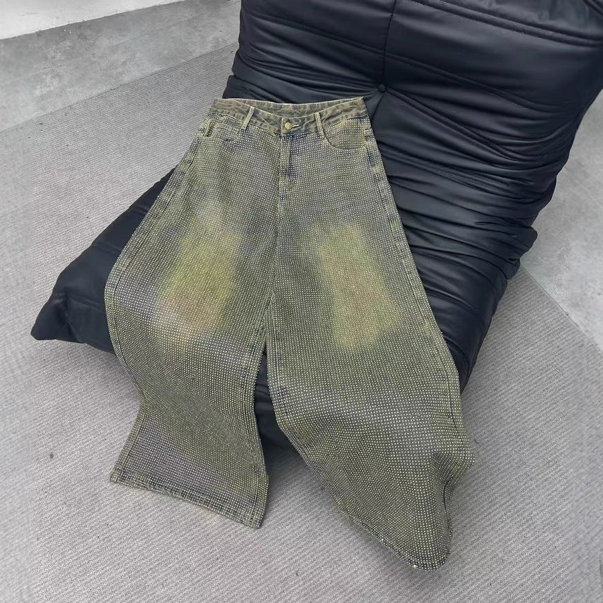 Summer New Crystal Shiny Diamond Straight-Leg Pants Extra Long Denim Floor-Length Pants Shiny Diamond Long Pants New High-Waisted Slimming Style