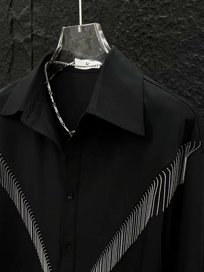 High-end Stylish Design Black Long Sleeve Shirt for Men Spring Summer New Korean Version Casual Patchwork Tassel Shirt