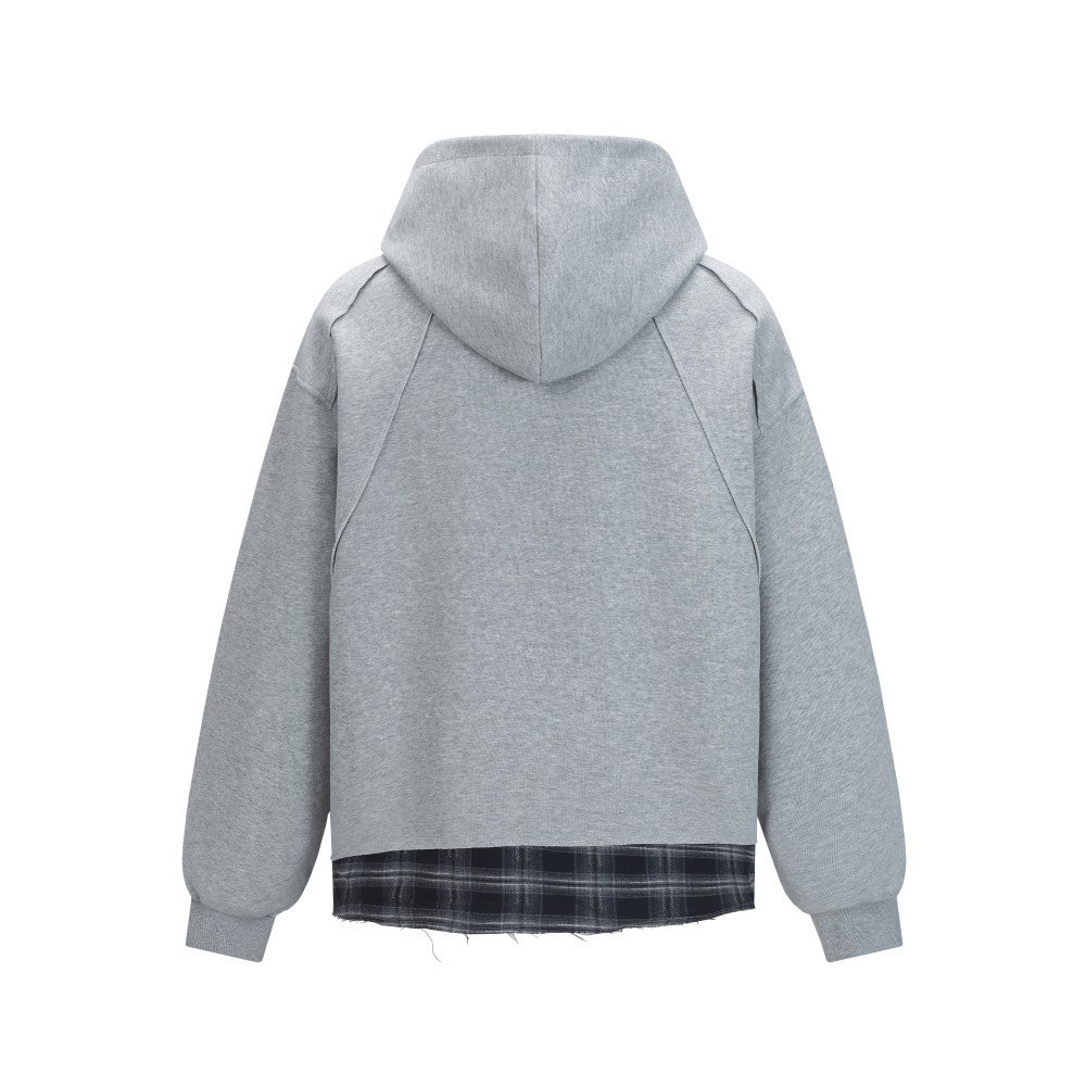 2025New Fake Two-Piece Distressed Plaid Patchwork Hooded Sweatshirt Unisex American Style Niche Loose Hoodie Trendy