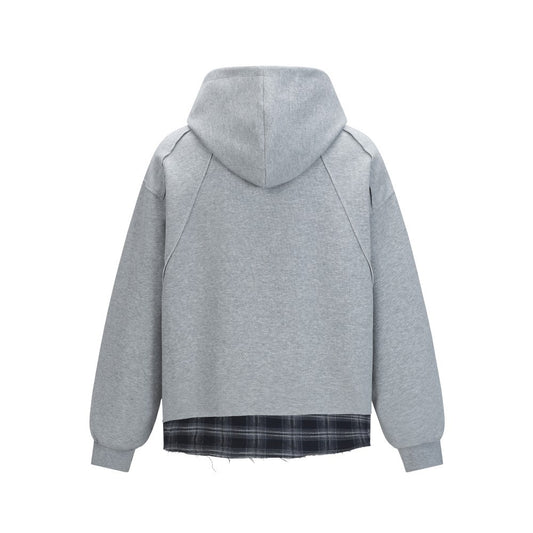 2025New Fake Two-Piece Distressed Plaid Patchwork Hooded Sweatshirt Unisex American Style Niche Loose Hoodie Trendy