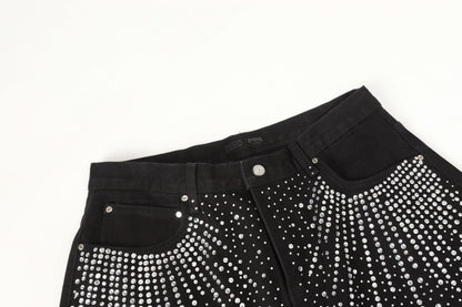 Fashion Versatile Trendy Long Pants Cross-Border Trade Washed American Retro Heavy-Duty Full Diamond Jeans for Men and Women