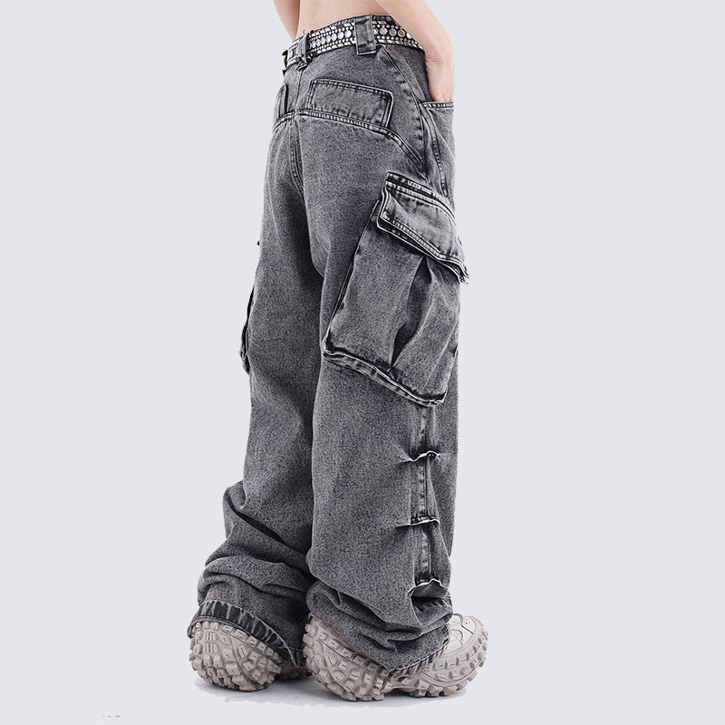 American Retro Washed Vintage Design Pocket Cargo Stacked Wide-Leg Straight Jeans