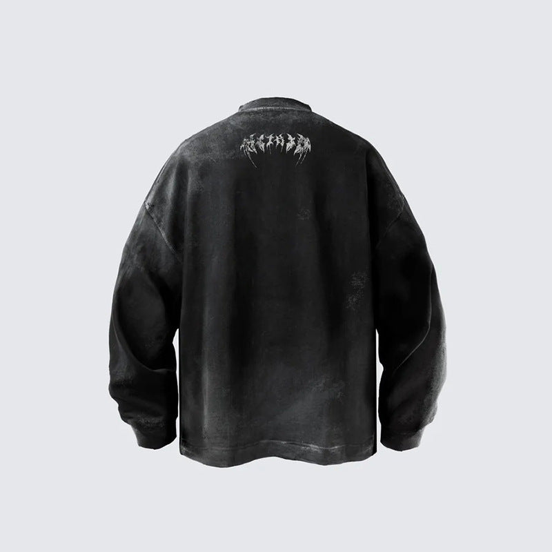 “Trendy Brand Heavy American Street Style Retro Distressed Letter Print Long Sleeve T Shirt Men's Loose Fit oversize