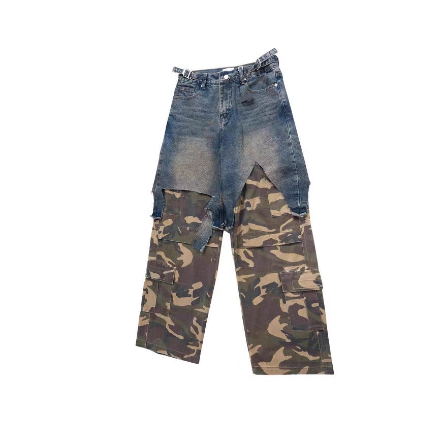 Parisian style vibe Heavyweight Patchwork Fake Two-Piece Vintage Camouflage Functional Loose Cargo Trendy Hip-Hop Jeans