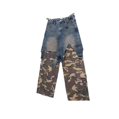 Parisian style vibe Heavyweight Patchwork Fake Two-Piece Vintage Camouflage Functional Loose Cargo Trendy Hip-Hop Jeans