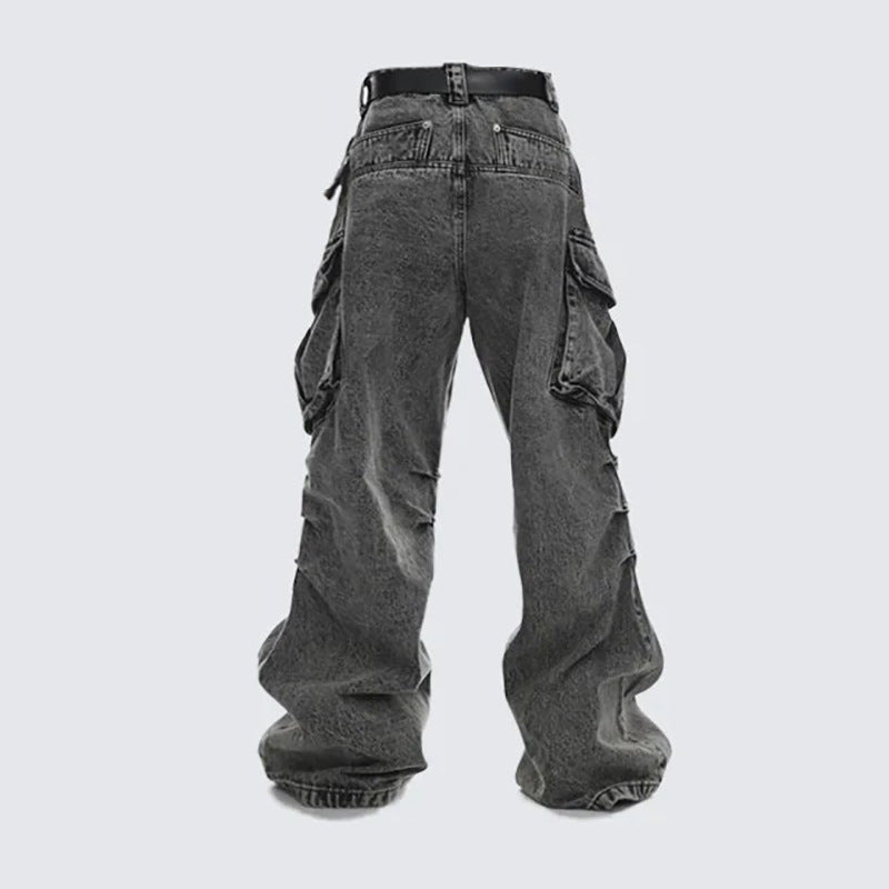 GUOWEAR American Retro Washed Vintage Design Pocket Cargo Stacked Wide-Leg Straight Jeans