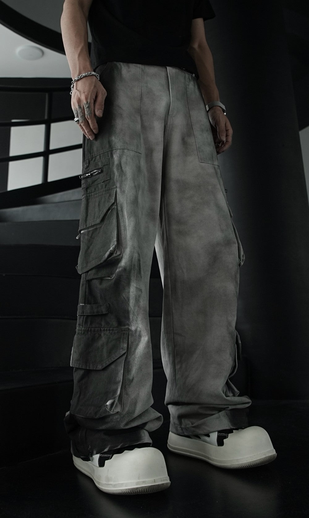 American Retro Wasteland Washed Vintage Multi-Pocket Cargo Pants Unisex Trendy Loose Straight Wide-Leg Casual Long Pants