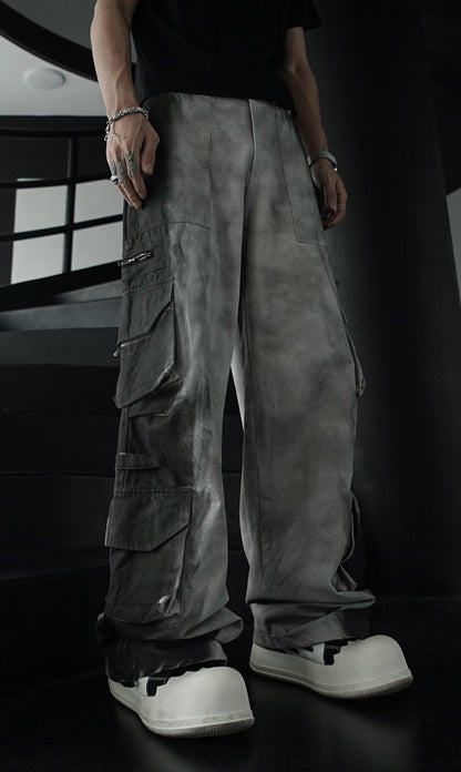American Retro Wasteland Washed Vintage Multi-Pocket Cargo Pants Unisex Trendy Loose Straight Wide-Leg Casual Long Pants