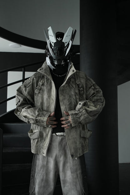 Japanese Trend Workwear Jacket for Men, Spring and Autumn Fashion, Loose Stand Collar Motorcycle Leather Jacket, Cool and Casual Versatile Jacket