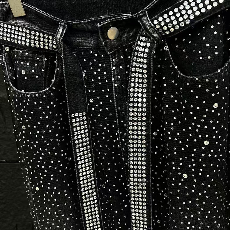 European and American Heavy Industry Starry Sky Rhinestone Vintage Washed Ribbon Jeans for Men, Niche Loose Wide-Leg Trendy Men's Pants