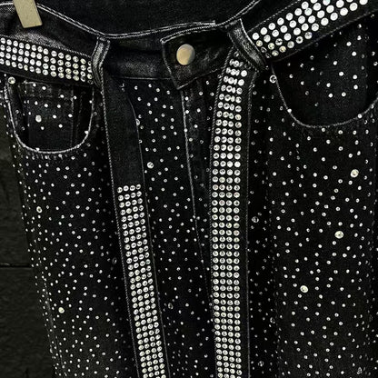 European and American Heavy Industry Starry Sky Rhinestone Vintage Washed Ribbon Jeans for Men, Niche Loose Wide-Leg Trendy Men's Pants