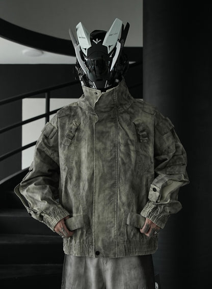 Japanese Trend Workwear Jacket for Men, Spring and Autumn Fashion, Loose Stand Collar Motorcycle Leather Jacket, Cool and Casual Versatile Jacket