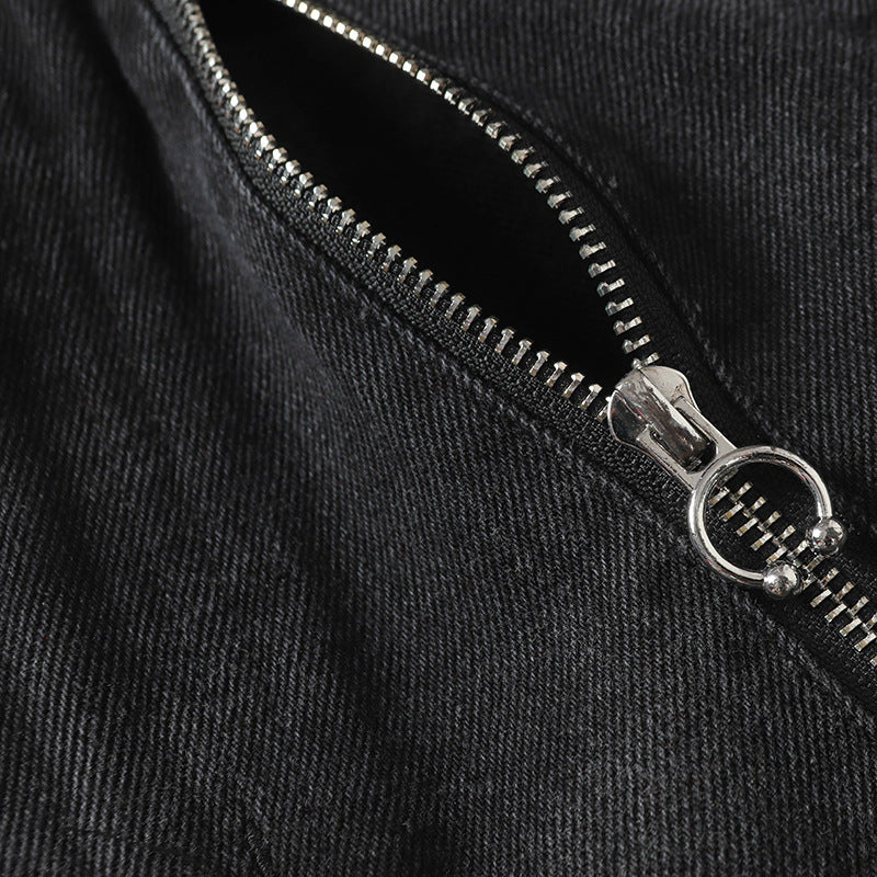 Trendy High Street Loose Retro Straight-Leg Drawstring Cargo Pants Men's Street Style Y2K Zipper Decorated Jeans