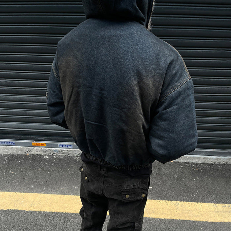 GUO WEAR2024New Winter Washed Denim Cotton Jacket with Fleece Lining American Street Style Wasteland Cotton Jacket