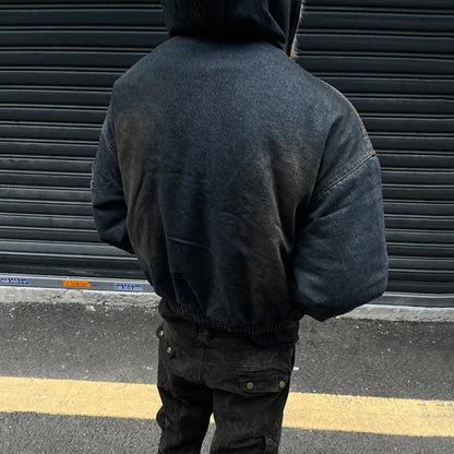 GUO WEAR2024New Winter Washed Denim Cotton Jacket with Fleece Lining American Street Style Wasteland Cotton Jacket