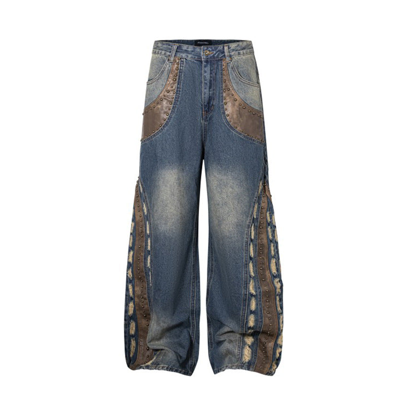 2025Spring New Vintage Patchwork Rivet Decor Loose Wide-Leg Jeans Distressed Slimming Street Style Versatile