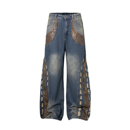 2025Spring New Vintage Patchwork Rivet Decor Loose Wide-Leg Jeans Distressed Slimming Street Style Versatile