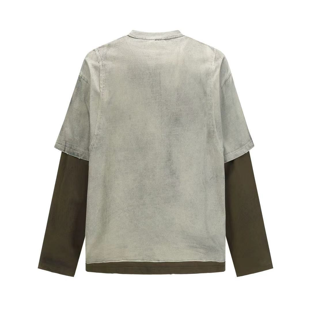 American Street Style Fake Two-Piece Letter Print T Men's and Women's Washed Vintage Two-Piece Set