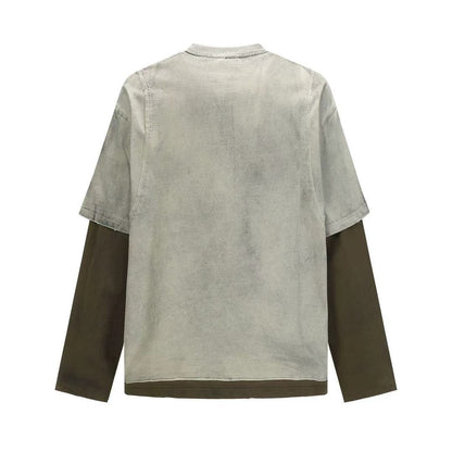 American Street Style Fake Two-Piece Letter Print T Men's and Women's Washed Vintage Two-Piece Set