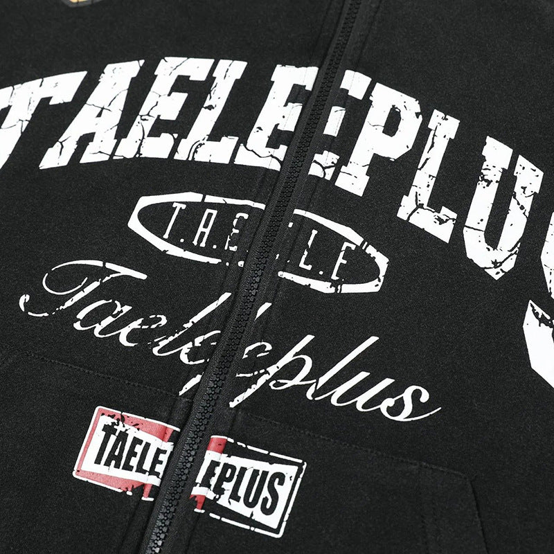 2025Spring New Vintage Distressed Letter Print Hoodie for Men, Stylish and High-End Long Sleeve Jacket