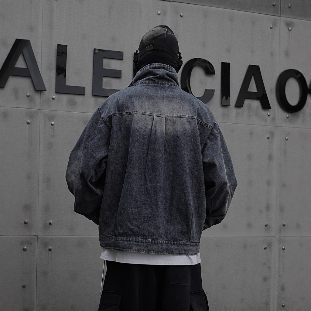 American Retro Niche Stand Collar Ink Splash Zipper Jacket Men High Street Deconstructed Design Loose Cool Denim Jacket