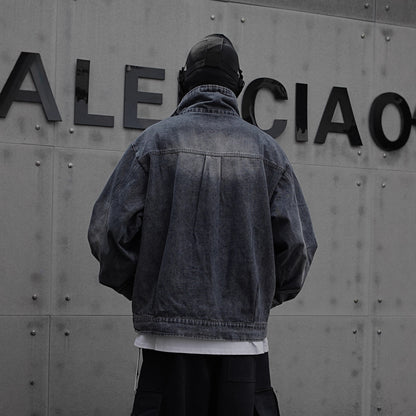 American Retro Niche Stand Collar Ink Splash Zipper Jacket Men High Street Deconstructed Design Loose Cool Denim Jacket