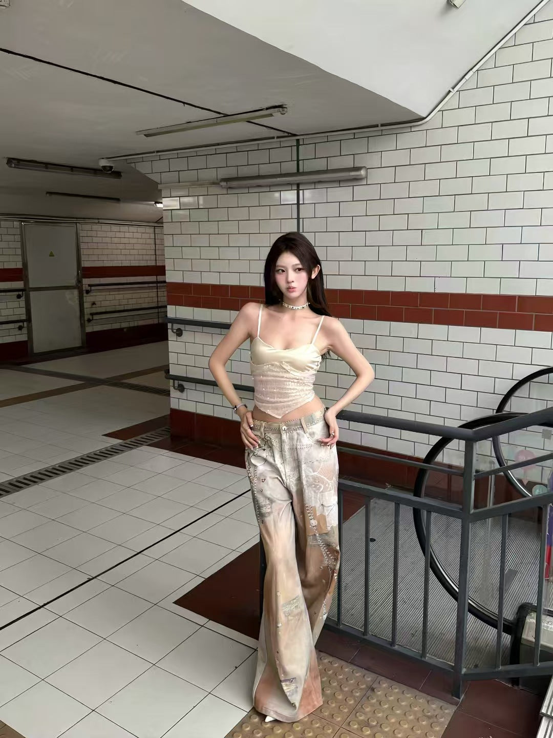 Cross-Border Heavy Industry Chain Print Jeans for Men and Women Summer American Style Straight-Leg Floor-Length Pants