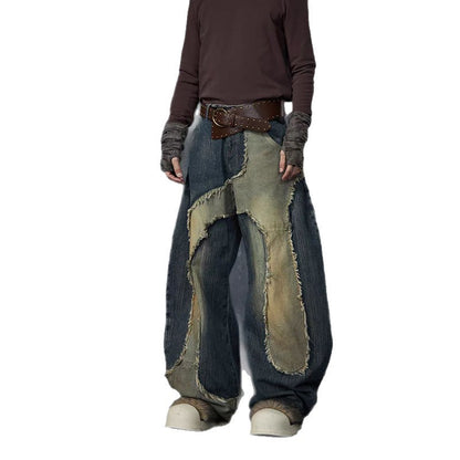 Post-apocalyptic Heavy Industry Patchwork Frayed Edge Stand Collar Structure Denim Jacket Scimitar Jeans Unisex