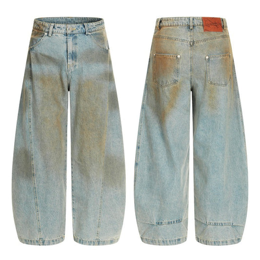 American Retro Dirty Dye Distressed Scimitar Jeans for Men, Mid-Waist Loose Fit Straight-Leg Floor-Length Wide-Leg Pants with Design Sense