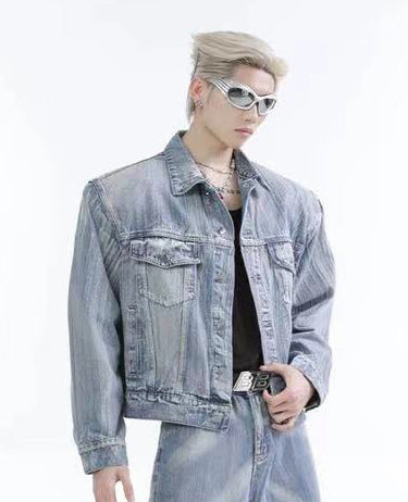 Spring and Autumn Med Vintage Scratched Denim Jacket for Men, Casual Loose Straight-Leg Pants