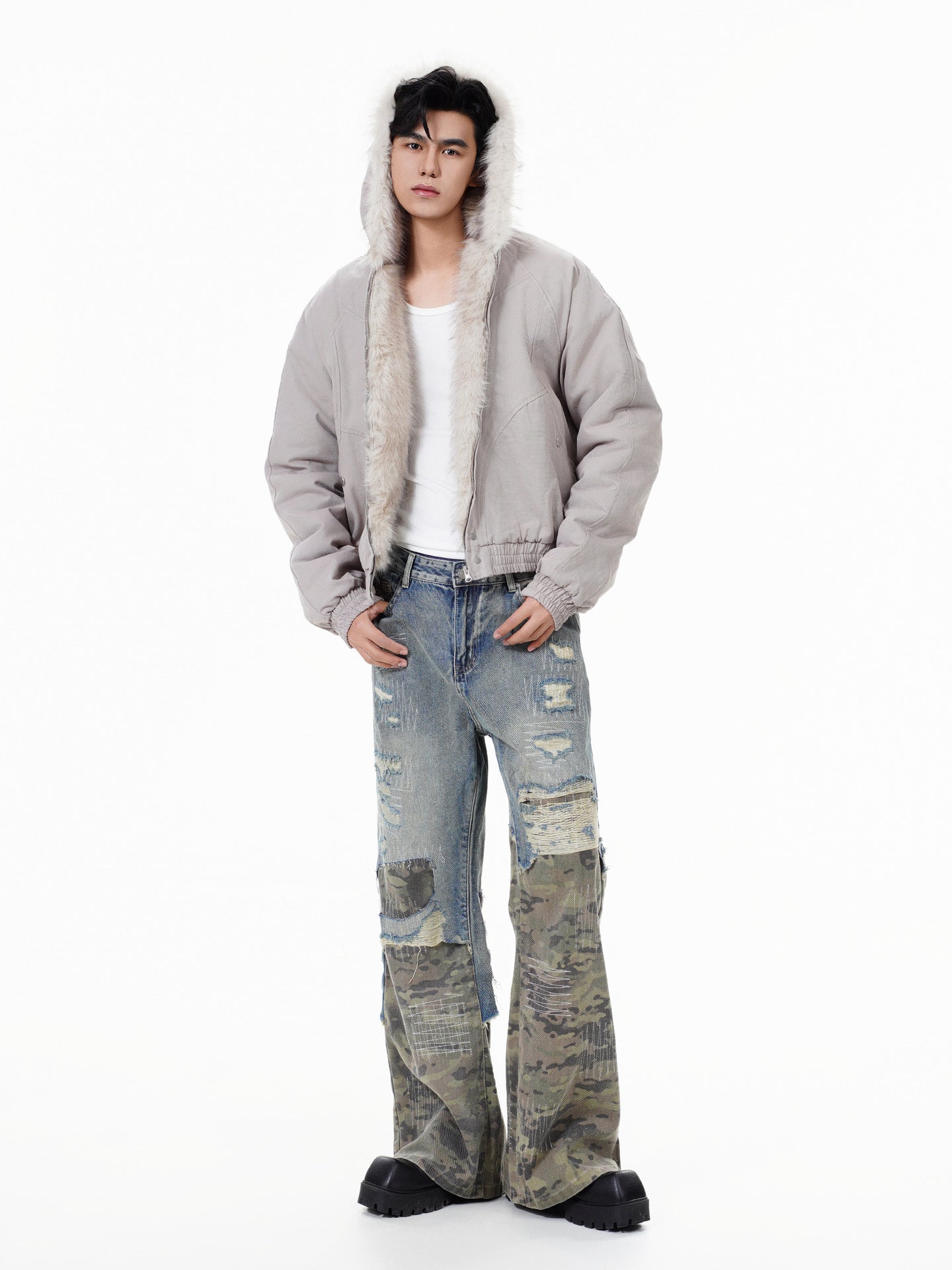 GUOWEAR Pearl Canvas Mountain Eagle Fleece-Lined Jacket American Street Wasteland Style Cotton Coat Men's Fleece-Lined Thickened Jacket