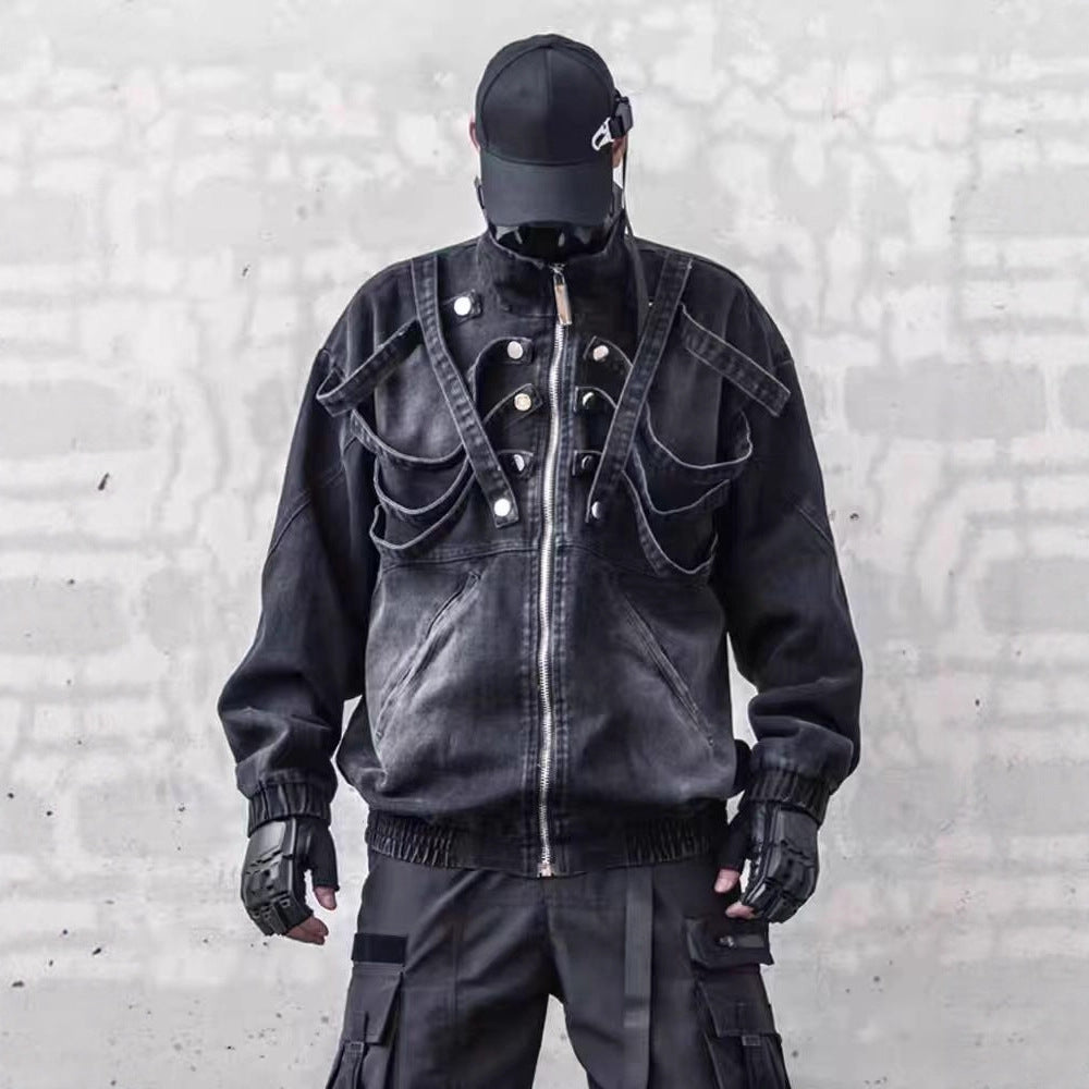 American Original Dark Style Retro Washed Padded Shoulder Distressed Denim Jacket for Men Spring and Autumn Workwear Stand Collar Jacket