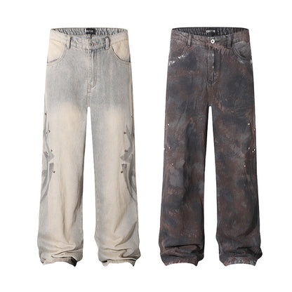 American-style Tie-dye Washed Vintage Loose Cargo Pants for Men Street Hip-Hop Jogger Jeans Trendy Designer Style