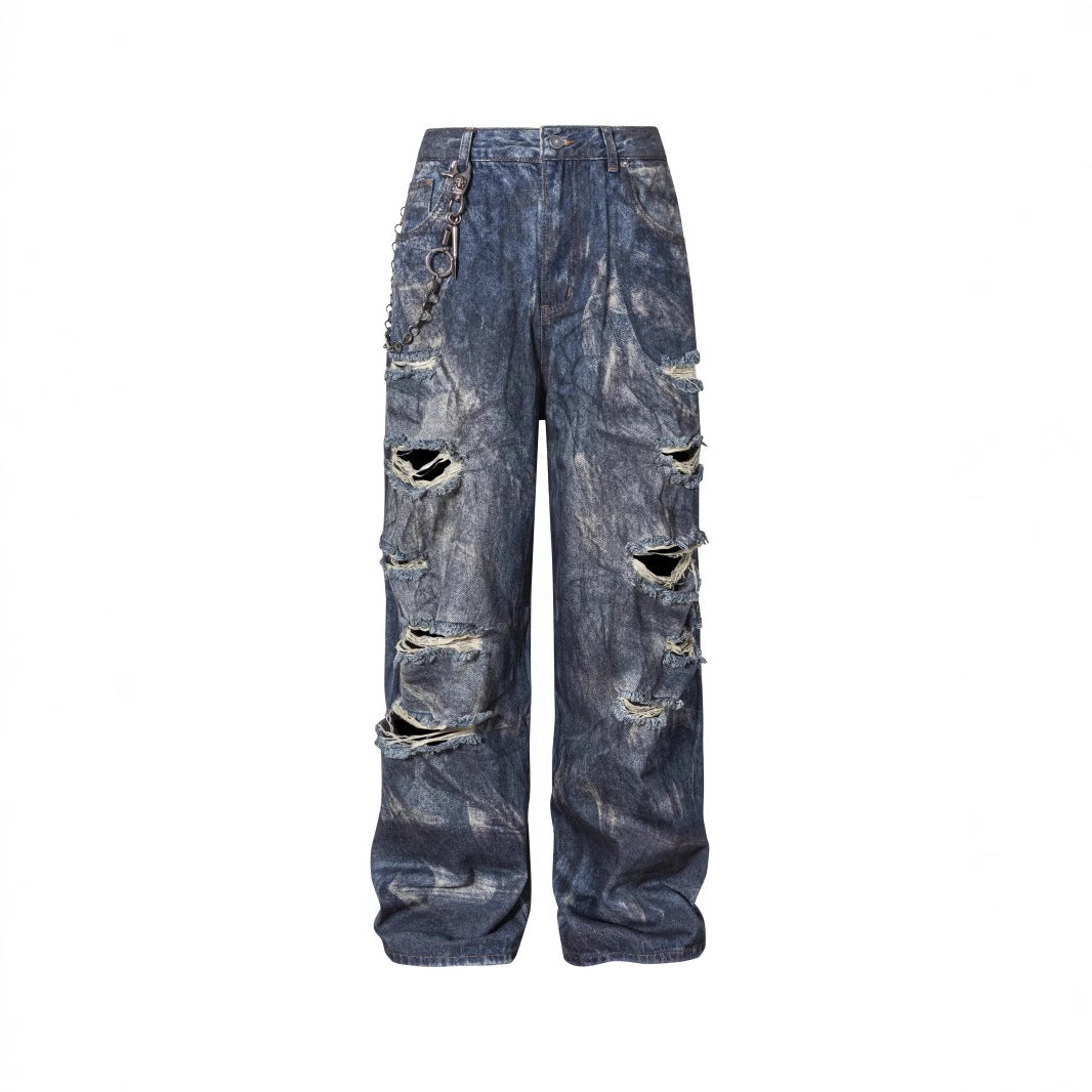 High-End European Version Spring Summer Men's Jeans Slim Straight Stretch Washed Ripped Wide-Leg Men's Pants