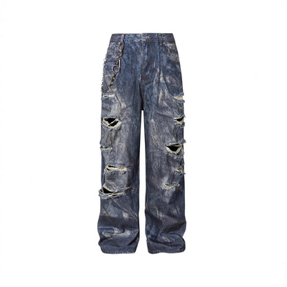 High-End European Version Spring Summer Men's Jeans Slim Straight Stretch Washed Ripped Wide-Leg Men's Pants