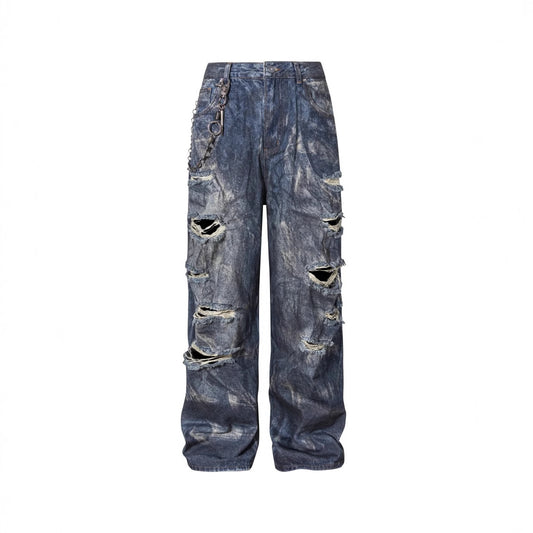 High-End European Version Spring Summer Men's Jeans Slim Straight Stretch Washed Ripped Wide-Leg Men's Pants