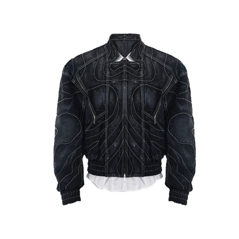 High Street Functional Style Patchwork Embroidered Distressed Denim Jacket Outerwear with 3D Draping Design Short Jacket Fashion Brand