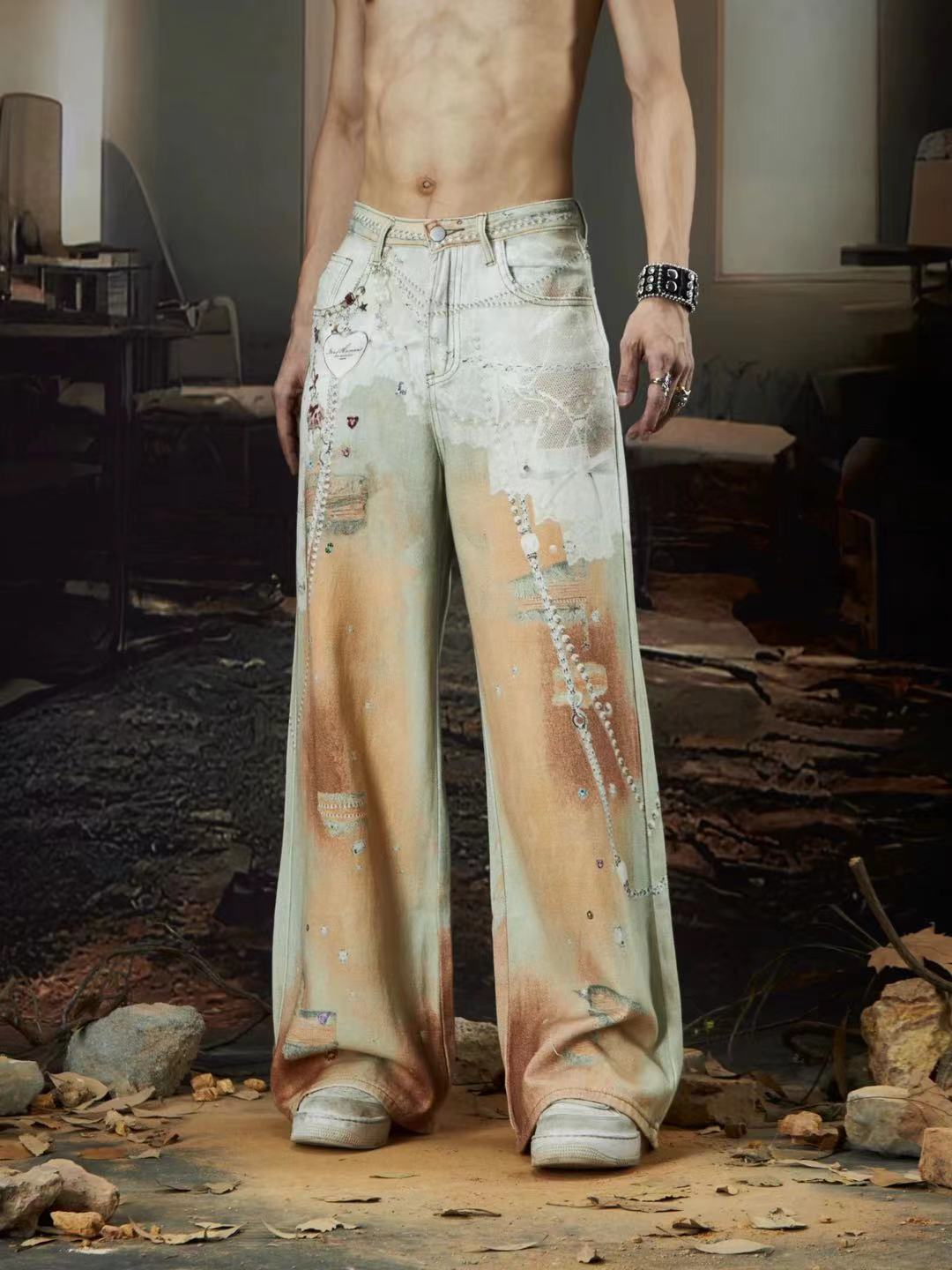 Cross-Border Heavy Industry Chain Print Jeans for Men and Women Summer American Style Straight-Leg Floor-Length Pants