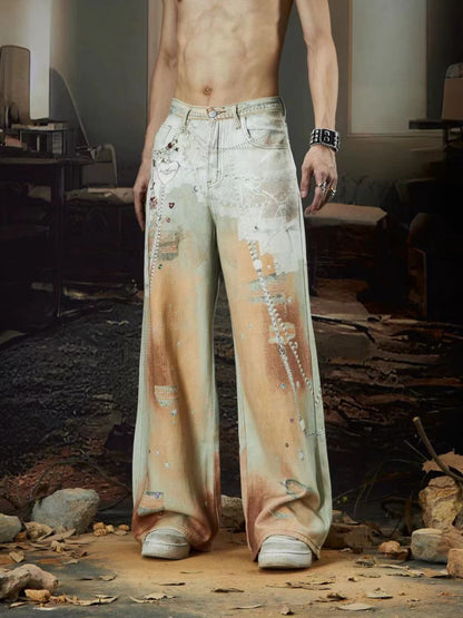 Cross-Border Heavy Industry Chain Print Jeans for Men and Women Summer American Style Straight-Leg Floor-Length Pants