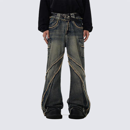 GUOWEAR Niche Retro Distressed Jeans for Men, Washed and Frayed, Loose Fit, Wide Leg, Korean Style Trend