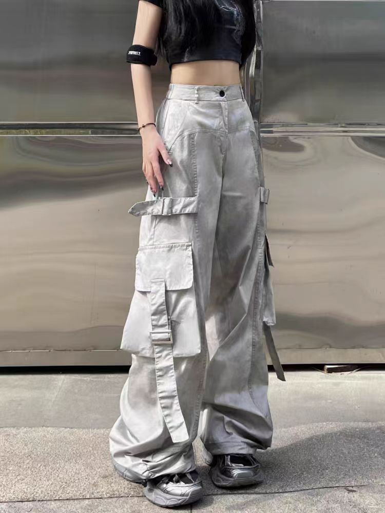 American Style Dirty Gray Wide-Leg Cargo Pants for Men and Women with Ribbon Jazz Hip-Hop High Street hiphop Straight-leg pants