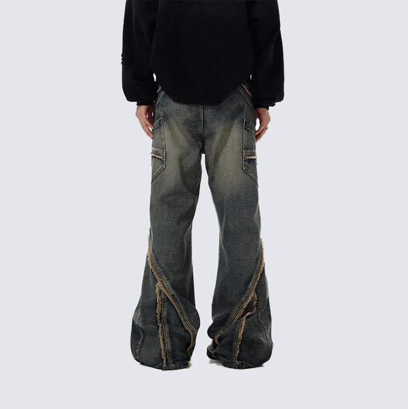 GUOWEAR Niche Retro Distressed Jeans for Men, Washed and Frayed, Loose Fit, Wide Leg, Korean Style Trend