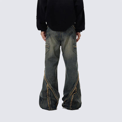 GUOWEAR Niche Retro Distressed Jeans for Men, Washed and Frayed, Loose Fit, Wide Leg, Korean Style Trend