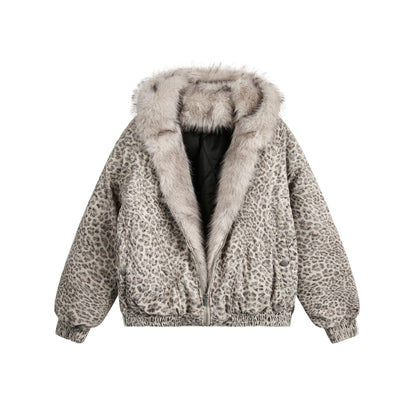 American Retro Style Hooded Thick Cotton Jacket with Leopard Print for Men and Women, Winter Couple's Hooded Cotton Coat