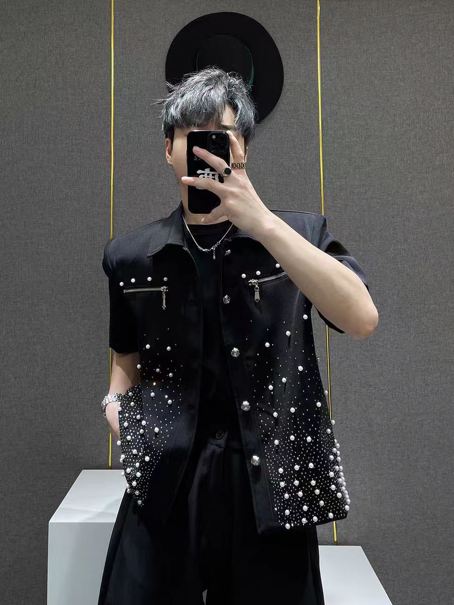 Heavy Industry Niche Rhinestone Metal Black Short Sleeve Jacket Summer New Style Cool Coat Wide Leg Pants Two-Piece Set