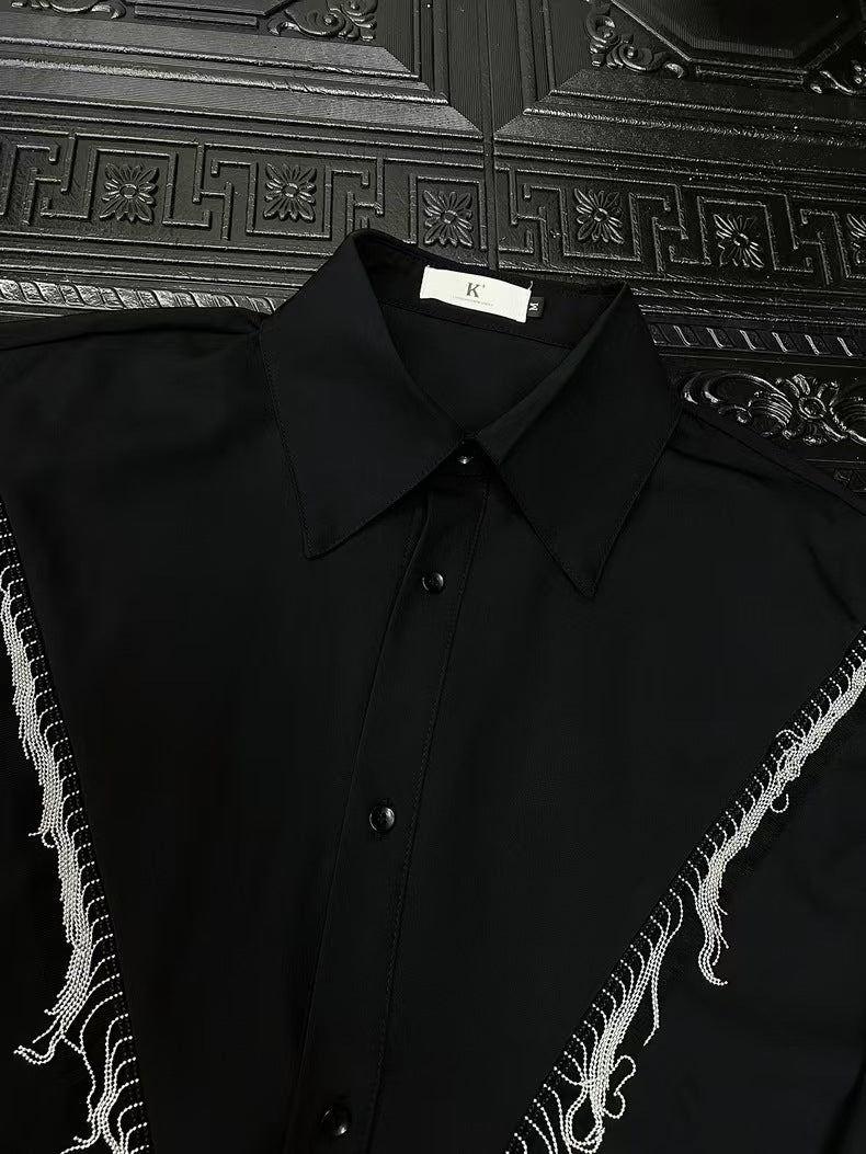 High-end Stylish Design Black Long Sleeve Shirt for Men Spring Summer New Korean Version Casual Patchwork Tassel Shirt