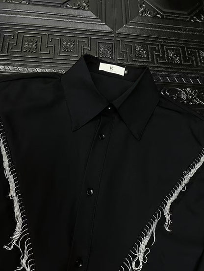High-end Stylish Design Black Long Sleeve Shirt for Men Spring Summer New Korean Version Casual Patchwork Tassel Shirt